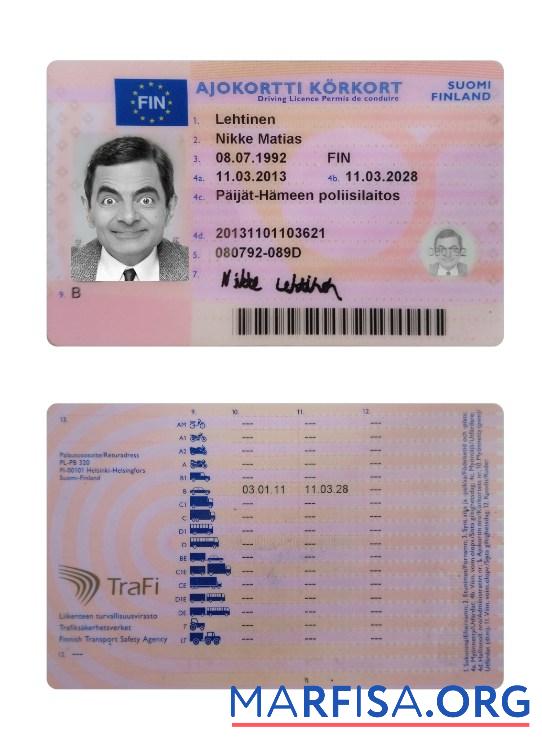 Printable Finland driving license 2013 present sample
